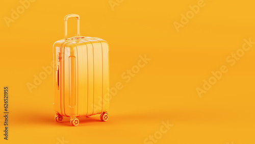 Stylish Orange Suitcase on wheels on orange background. Travel concept - suitcase 3d icon. 3d rendering