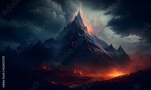 dark fantasy mountain landscape, fire in the hills, volcano eruption, made with generative ai