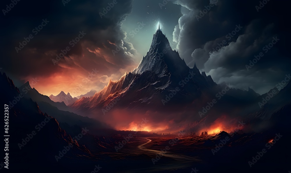 dark fantasy mountain landscape, fire in the hills, volcano eruption, made with generative ai