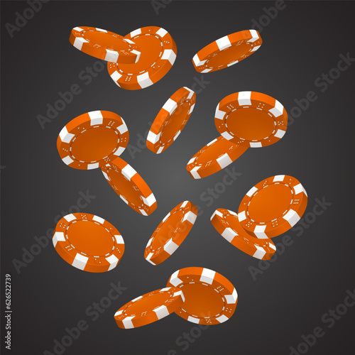 Falling orange poker chips on dark background. Vector illustration.