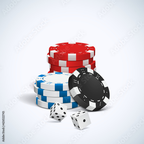 Poker chips with dice on a light background. Vector illustration.