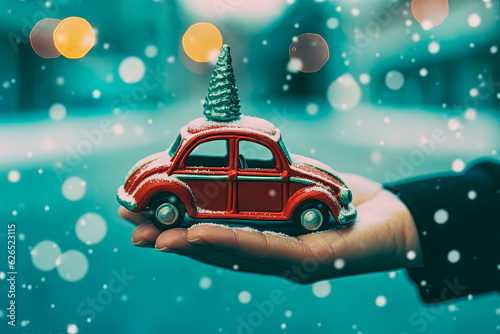 Hand holding red toy car with Christmas tree on the roof, winter snow blue background