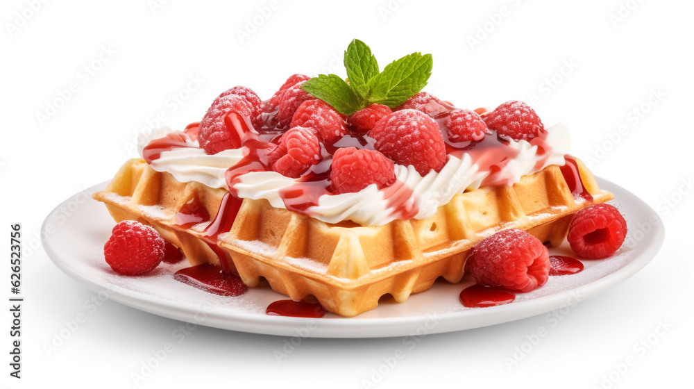 Belgian waffles with raspberries on a plate on a white background. Generative Ai. Belgian waffles with raspberries on a plate on a white background. Generative Ai.