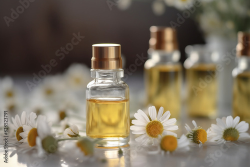 Generative AI. Small bottle of cosmetic chamomile oil and wooden hair comb. bottle of essential oil. natural chamomile oil cosmetic in glass jar 