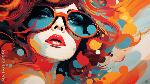 colorful abstract illustration with woman in glasses close-up, retro style. Generative Ai. 