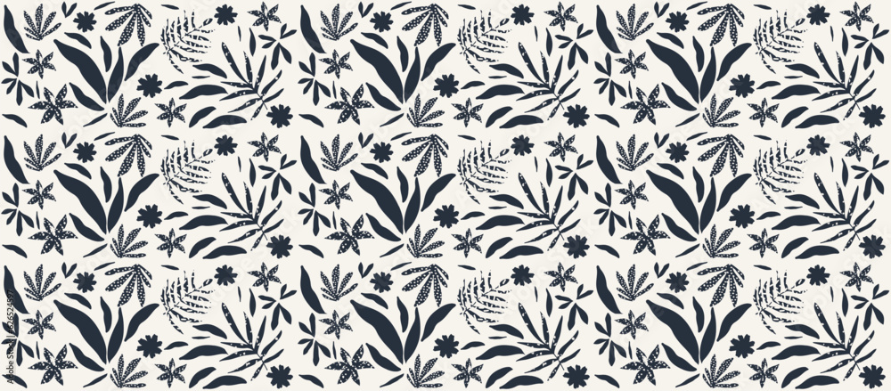 Botanical seamless pattern design with cut-out cute abstract nature elements for monochromatic background, backdrop, wallpaper, wrapping paper... Simple tropical leaves and flowers vector graphics