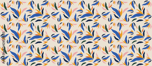 Botanical seamless pattern design with cut-out cute, abstract nature elements for vibrant background, backdrop, wallpaper, wrapping paper and more. Vector graphics with tropical leaves