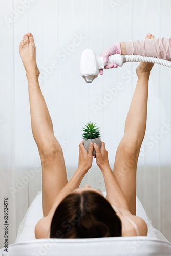 Bikini Laser hair removal. Woman lifted her beautiful long legs apart, holding a prickly plant between her legs. Hand holding laser gun of medical equipment. Concept of depilation and epilation