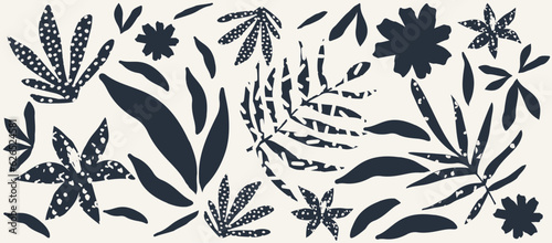 Monochromatic vector background with scattered abstract dark leaves. Flowers and other botanical elements collage. Random cutout of black tropical foliage, ornamental texture. Cute decorative pattern 