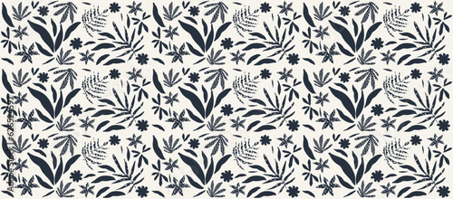 Botanical seamless pattern design with cut-out cute abstract nature elements for monochromatic background, backdrop, wallpaper, wrapping paper... Simple tropical leaves and flowers vector graphics