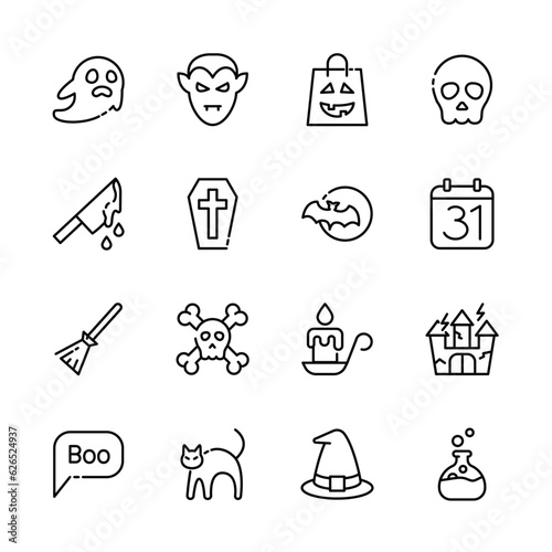 Halloween event  thin line icons set,  example sign of horror,  pumpkin, ghost, skull, trick or treat. vector illustration