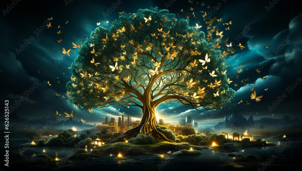 fantasy beautiful forest at night with butterflies, AI Generated fantasy beautiful forest at night with butterflies, AI Generated