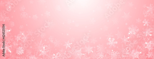 Christmas background of beautiful complex big and small snowflakes in pink colors. Winter illustration with falling snow © Olga Moonlight