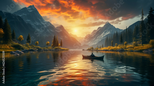 Kayaking in pristine mountain scenery at sunset. Generative AI
