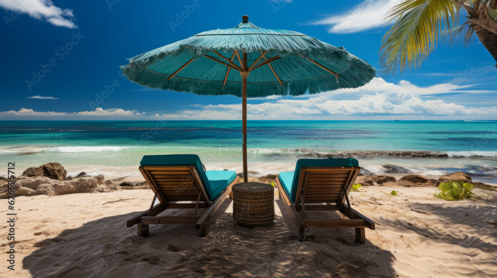 Two wooden sunbeds and umbrella on sandy beach with turquoise sea. Generative AI