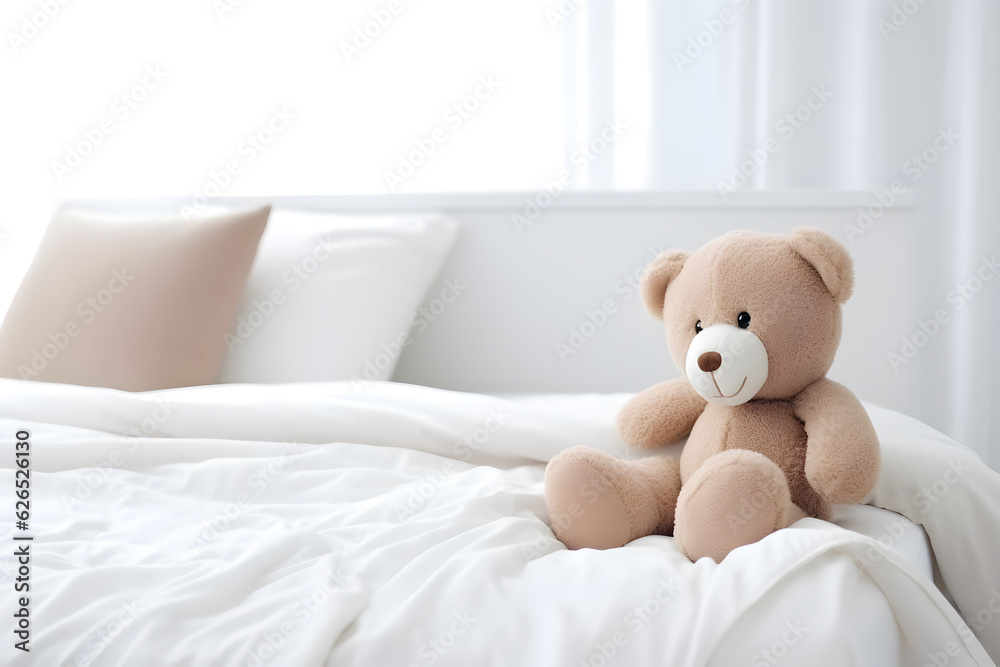 Teddy bear toy on the clean bed
