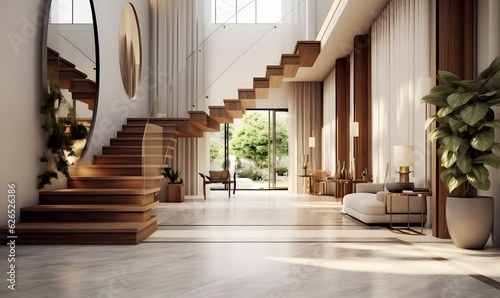 Interior design of modern entrance hall with staircase in villa. Created with generative AI