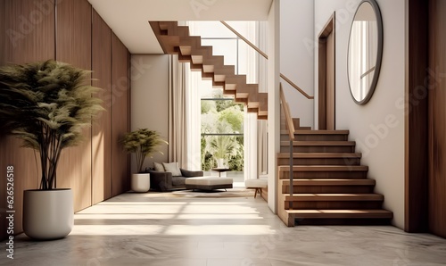 Interior design of modern entrance hall with staircase in villa. Created with generative AI © Lucky Ai