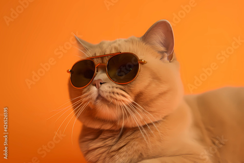 Portrait of a Fat Orange Scottish Fold Cat wearing Orange sunglasses on an orange background