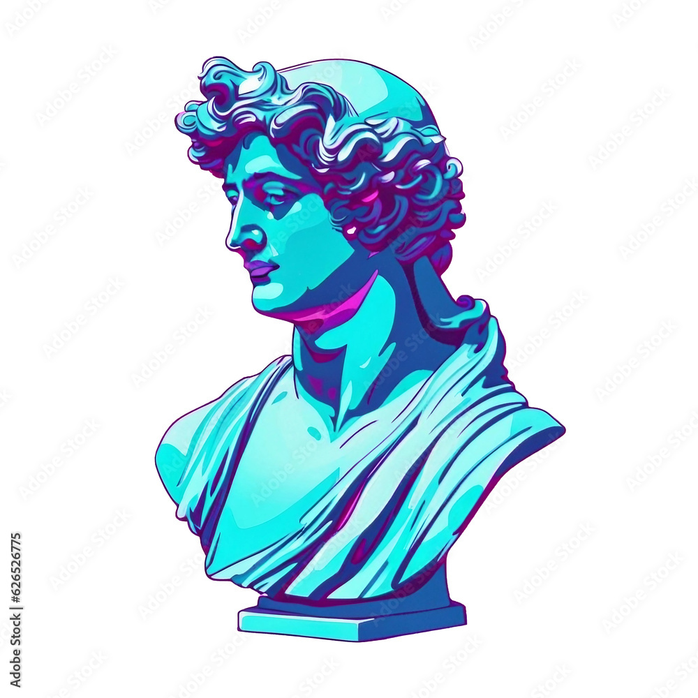 Colorful neon image with ancient greek sculpture ancient greek male head. Webpunk, vaporwave and surreal art style. Pink and blue duotone effects. Isolated on transparent background. PNG