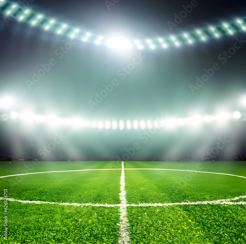 Green soccer field  bright spotlights- ai generative