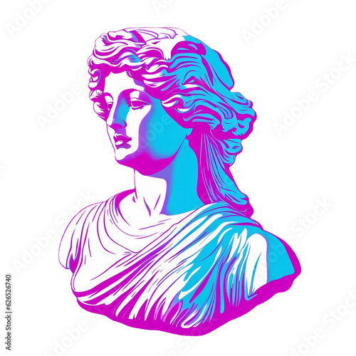 Colorful neon image with ancient greek sculpture ancient greek female head. Webpunk, vaporwave and surreal art style. Pink and blue duotone effects. Isolated on transparent background. PNG