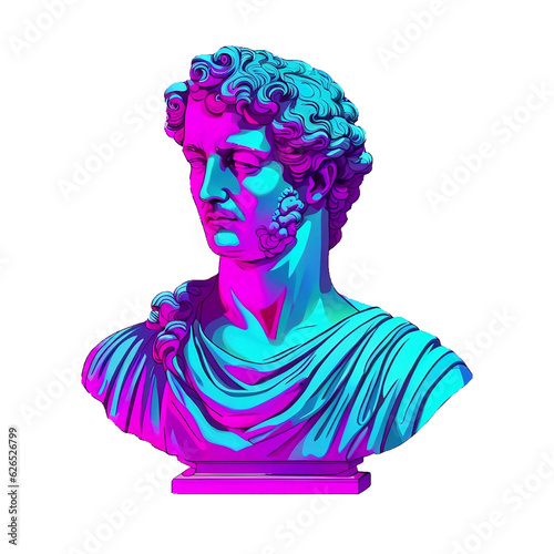 Colorful neon image with ancient greek sculpture ancient greek male head. Webpunk, vaporwave and surreal art style. Pink and blue duotone effects. Isolated on transparent background. PNG