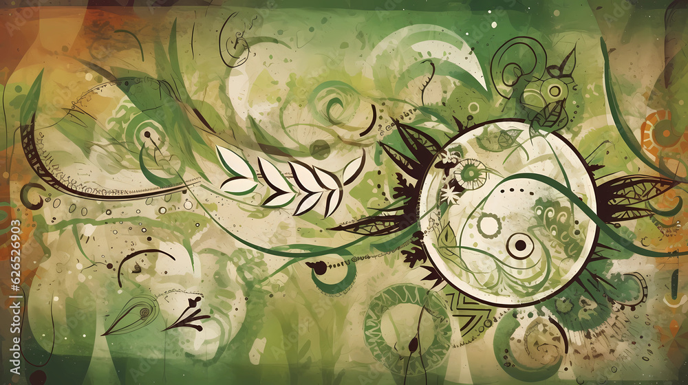 Naklejka premium Blend cannabis - related symbols or elements, such as leaves, buds, or smoking accessories, into an abstract art background