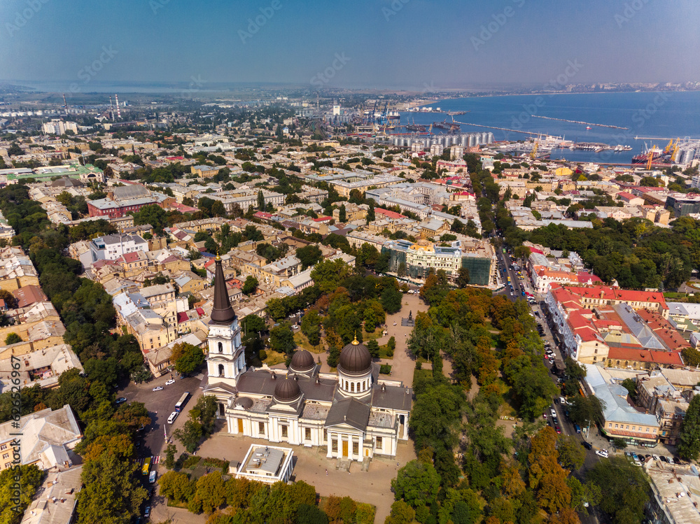 View of the Transfiguration Cathedral in Odessa before a Russian missile hit. Beautiful top view of the central cathedral in Odessa. Cathedral before destruction. Top view of Odessa in autumn.