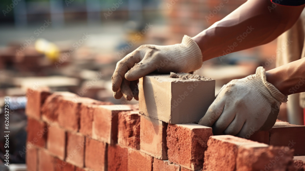 Close up of industrial bricklayer installing bricks on construction site Close up of industrial bricklayer installing bricks on construction site