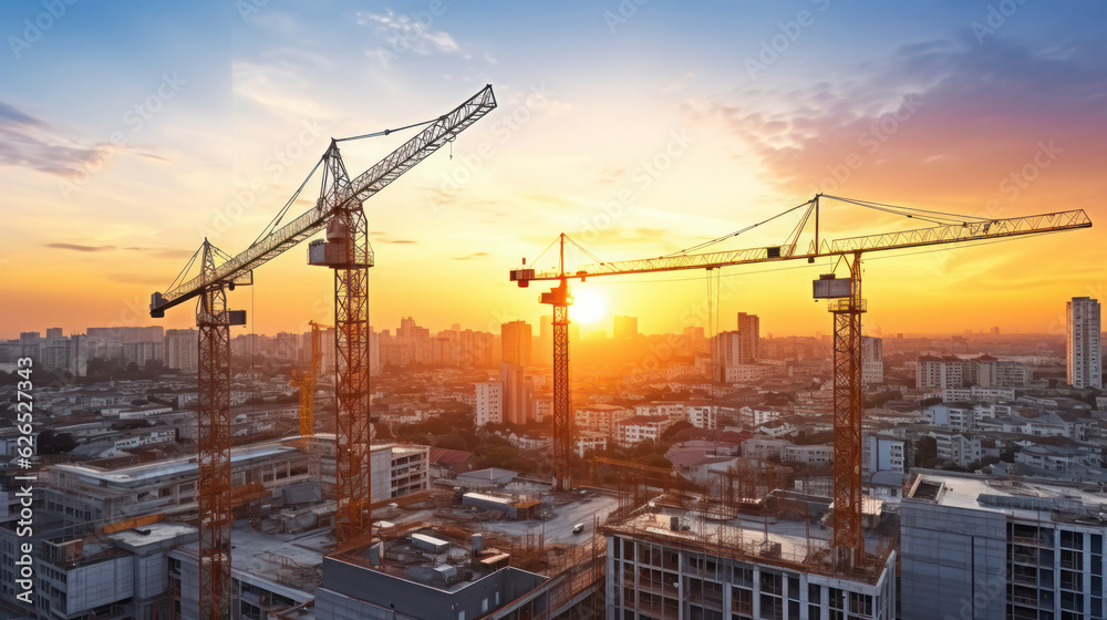 Lots of tower cranes build large residential buildings at sunset.