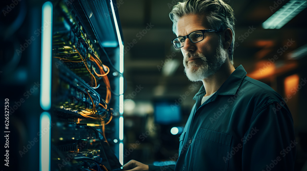 System Administrator Managing Servers at Data Center. IT Specialist at Work in Server Room System Administrator Managing Servers at Data Center. IT Specialist at Work in Server Room