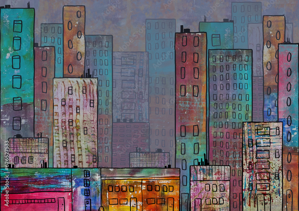 Colorful mixed media cityscape, digital collage and digital drawing
