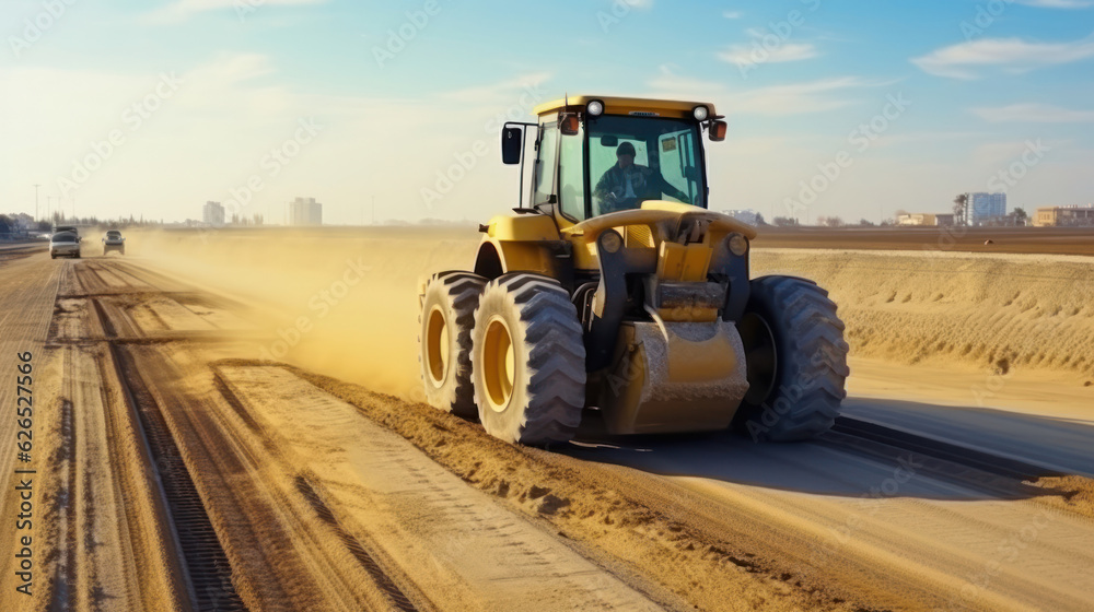 Roller compacts soil in embankment on the road's construction. sand consolidation on road-building. Compactor driving on sandy. wheel marks on the sand. hard work. transportation of sand by trucks Roller compacts soil in embankment on the road's construction. sand consolidation on road-building. Compactor driving on sandy. wheel marks on the sand. hard work. transportation of sand by trucks