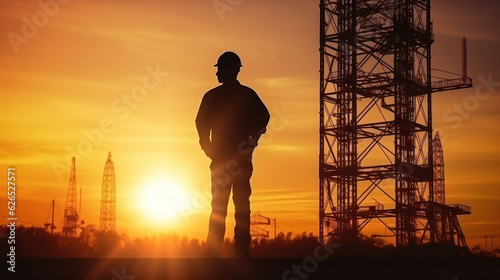 Silhouette of Engineer checking project at building site background, construction site at sunset in evening time.