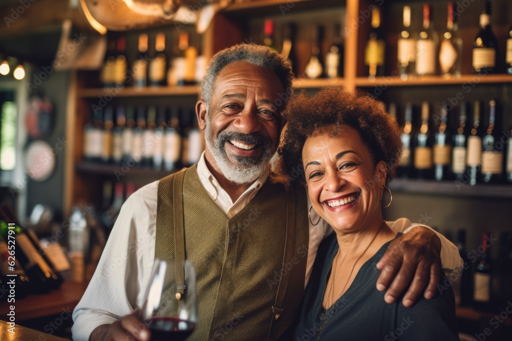 Middle age couple enjoying dating time in winery Middle age couple enjoying dating time in winery