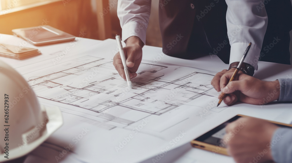 Construction concept of Engineer and Architect working at Construction Site with blue print Construction concept of Engineer and Architect working at Construction Site with blue print