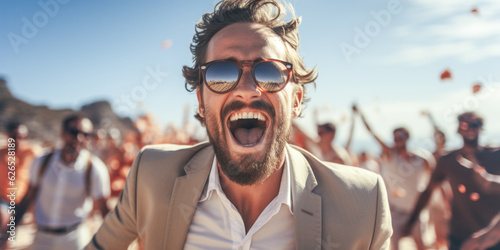Handsome man in sunglasses having fun on the beach with friends