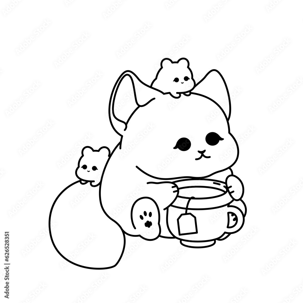 Cute Tea Time. Vector Line Art Illustration of a cute character enjoying tea, creatively designed in black lines on an isolated cutout background. Cute Tea Time. Vector Line Art Illustration of a cute character enjoying tea, creatively designed in black lines on an isolated cutout background.