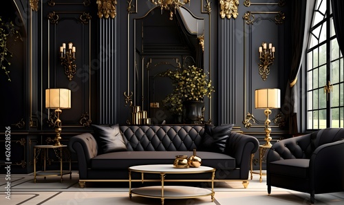 luxury black and gold living room interior, AI generative