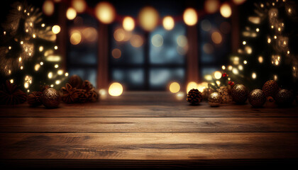 Empty wooden table with christmas theme in background