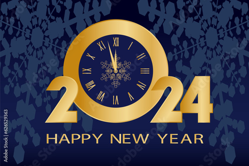 2024, happy new year, elegant vector illustration, golden numbers 2024 logo on a blue background