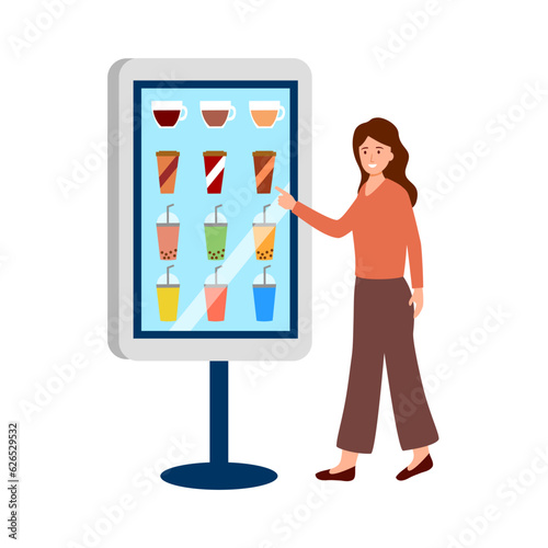 Woman using self service kiosk in ordering beverage in flat design on white background.