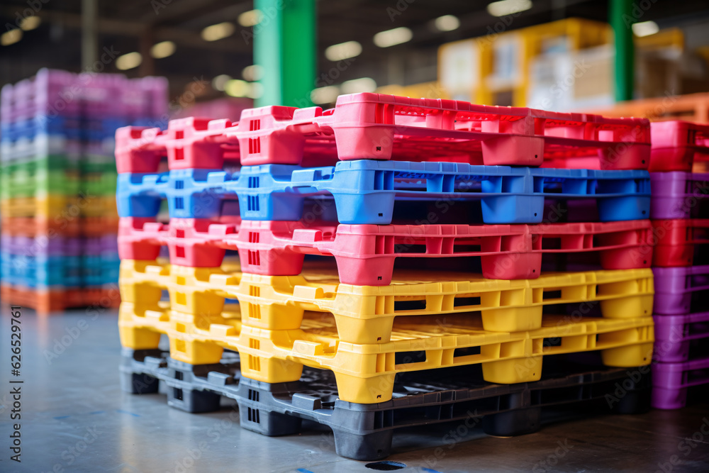 Pile of plastic shipping pallet. Industrial plastic pallet stacked at