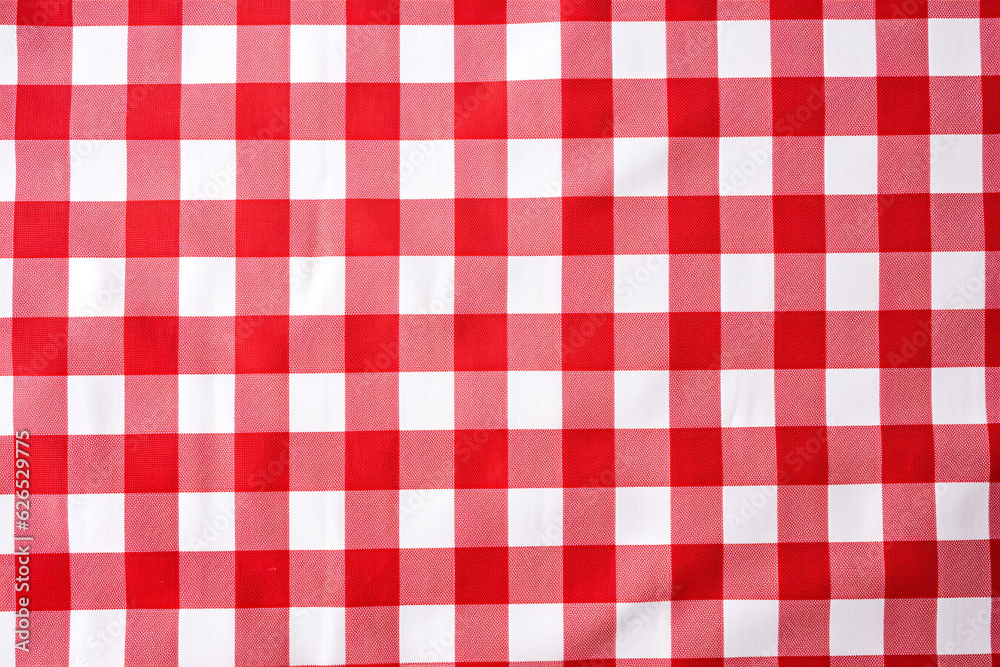 Red and white checkered tablecloth. Top view table cloth texture background. Red gingham pattern fabric. Picnic blanket texture. Red table cloth for Italian food menu. Square pattern. Generative AI. Red and white checkered tablecloth. Top view table cloth texture background. Red gingham pattern fabric. Picnic blanket texture. Red table cloth for Italian food menu. Square pattern. Generative AI.