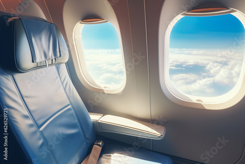 Economy class airplane window. Airplane interior with relaxing window view and comfortable economy seat. Inside of commercial airline. Empty seat. Leather seat of economy class plane. Generative AI.