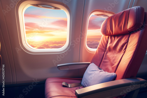 Sunset sky view from plane window in economy seat. Economy class airplane window. Inside of commercial airline. Seat with armchair. Leather seat of economy class plane. Scenic Journey. Generative AI.