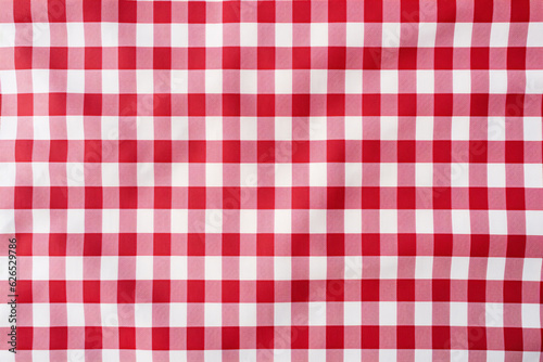 Red and white checkered tablecloth. Top view table cloth texture background. Red gingham pattern fabric. Picnic blanket texture. Red table cloth for Italian food menu. Square pattern. Generative AI.