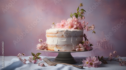Beautiful Chiffon Cake with Light and Fluffy Base - Decorated in Feminine Toned Whipped Frosting - With Floral and Fruit Design Elements on Vintage Pastel Backdrop - Generative AI
