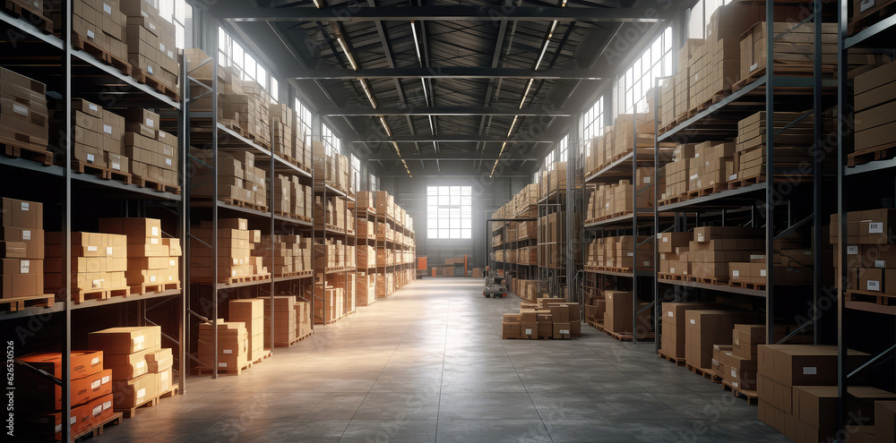 Fototapeta premium Large Warehouse with Shelves Full of Boxes for Shipping extreme closeup. Generative AI